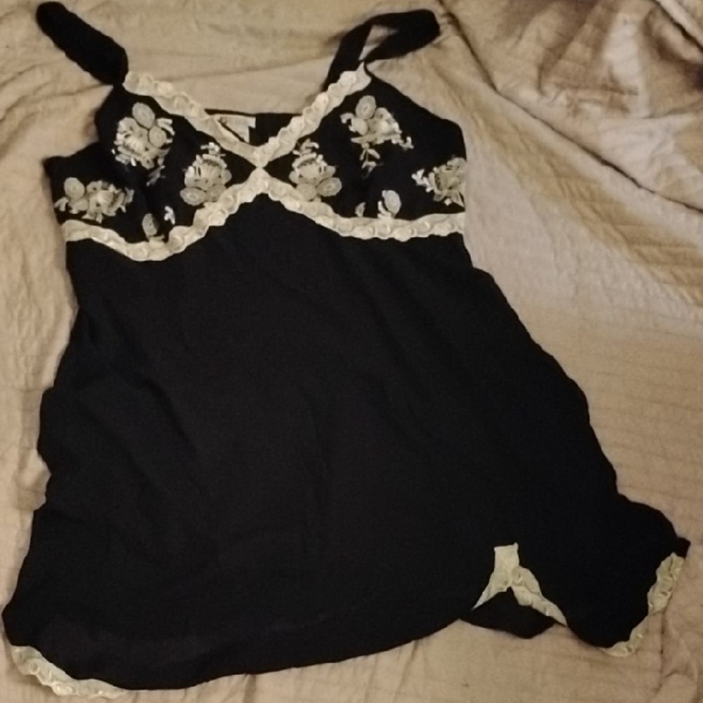 Woman Within Black Dress with Cream Embroidery Sheer Nightgown